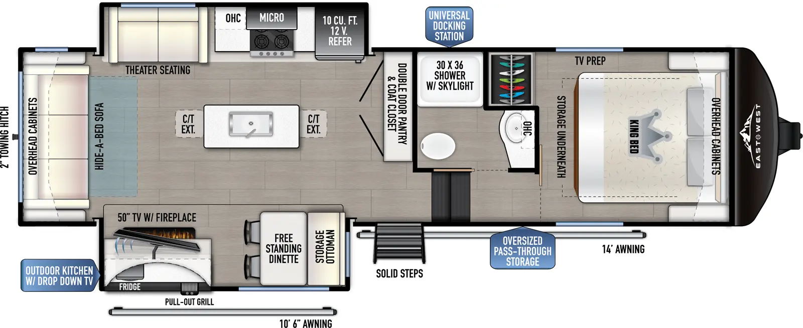 The 28RL-OK has two slideouts and one entry. Exterior features an oversized pass through storage, universal docking station, MORryde Steps, outdoor kitchen with drop-down TV, pull-out grill, and refrigerator, 10 foot 6 inch awning and 14 foot awning, LP quick connect, and 2 inch towing hitch. Interior layout front to back: foot-facing king bed with storage underneath, overhead cabinets, and off-door side closet and TV prep; off-door side full bathroom with overhead cabinet and shower with skylight; steps down to main living area and entry; double door pantry and coat closet along inner wall; off-door side slideout with 12V refrigerator, overhead cabinet, microwave, cooktop, and theater seating; kitchen island with sink and two extensions; door side slideout with free-standing dinette with storage ottoman, and TV with fireplace; rear hide-a-bed sofa with overhead cabinet.